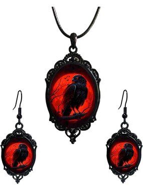Vintage Gothic Raven Bat Witch Jewelry Set Cameo Necklace Earrings-A1:Red Raven